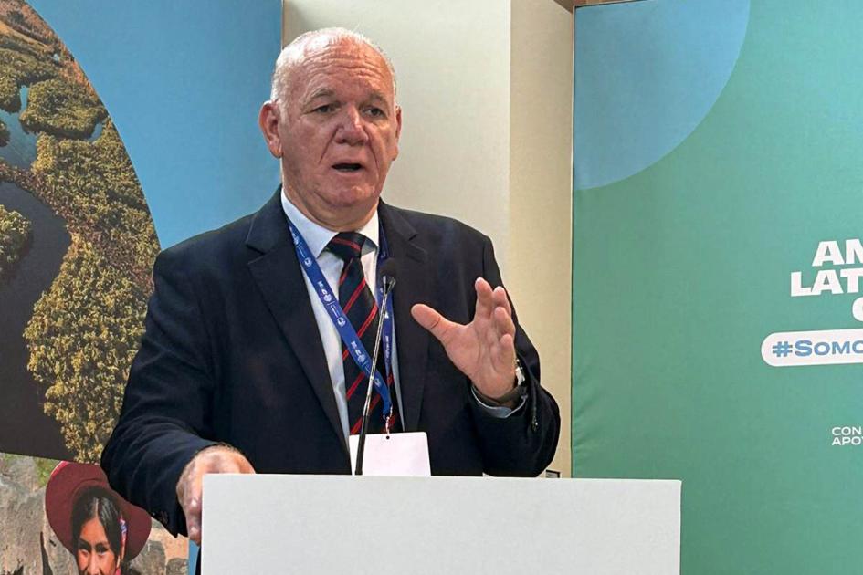 El subsecretario Walter Verri expuso en el panel Somos energías limpias, somos solución Verri habla desde un atril; detrás se ven banners en colores de la gama del verde