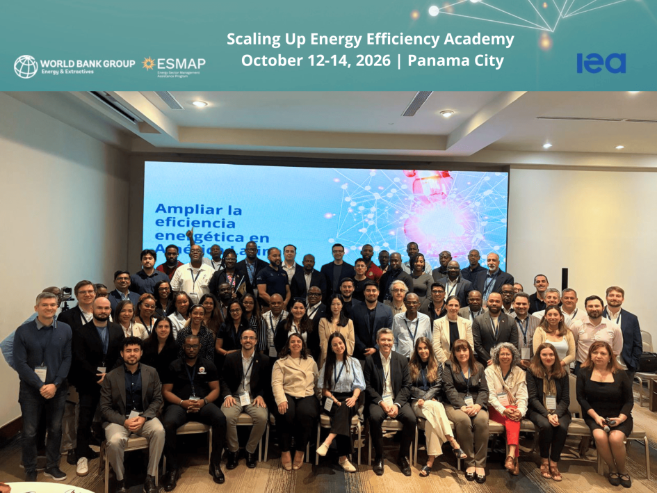 Foto grupal de la Academia de Eficiencia Energética Participantes de 19 países en la Academia de Eficiencia Energética, de pie; detrás, pantalla