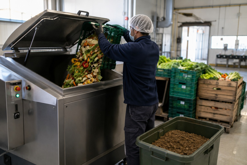 Persona trabaja con vegetales junto a un tipo de contenedor; en un costado, cajas con alimentos