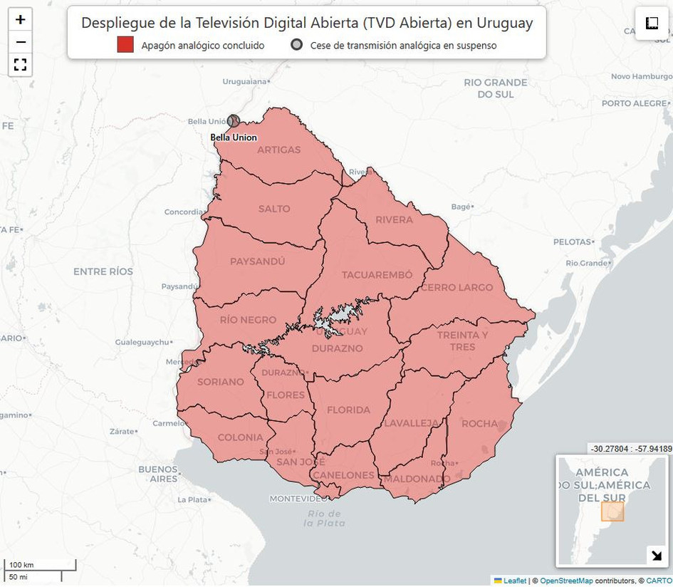 Despliegue de la televisión digital abierta en Uruguay Mapa de Uruguay, por departamentos, con el despligue de la TVD abierta - Apagón analógico concluído