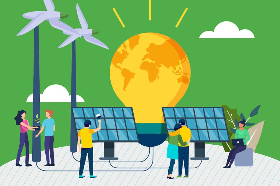 Eficiencia energética Dibujo con personas en actividad, lámpara de luz, paneles fotovoltaicos y aerogeneradores,