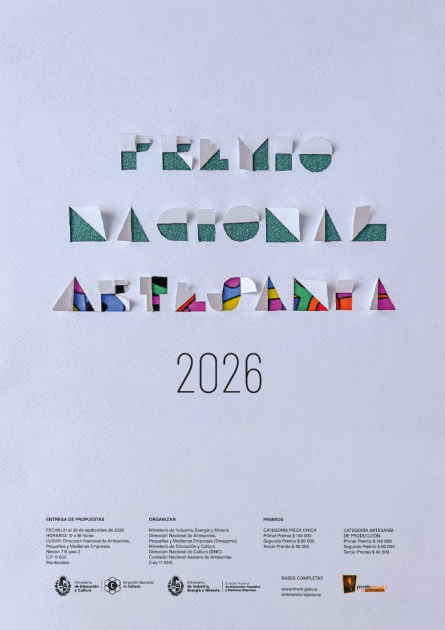 Afiche con el nombre del premio, en letras de colores, sobre lila