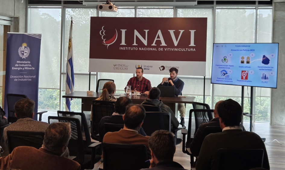 Técnicos de la Dirección Nacional de Industria en mesa; detrás, cartel de INAVI, banner y pantalla 