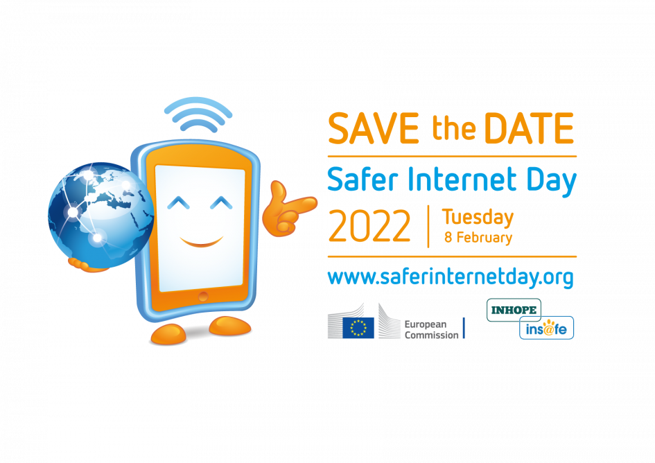 Logo del Día Internacional de Internet Seguro 2022 Imagen celebración con detalles de la fecha, sitio web e imagen de celular con un mundo