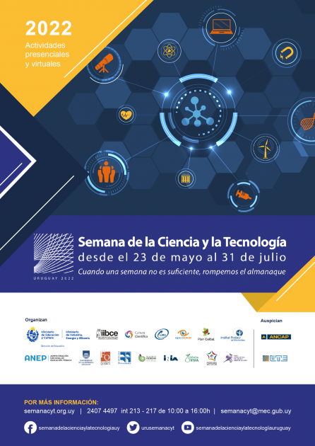 Afiche de la Semana de la Ciencia y la Tecnología; hay íconos científicos y la fecha (23/5 al 31/7) 