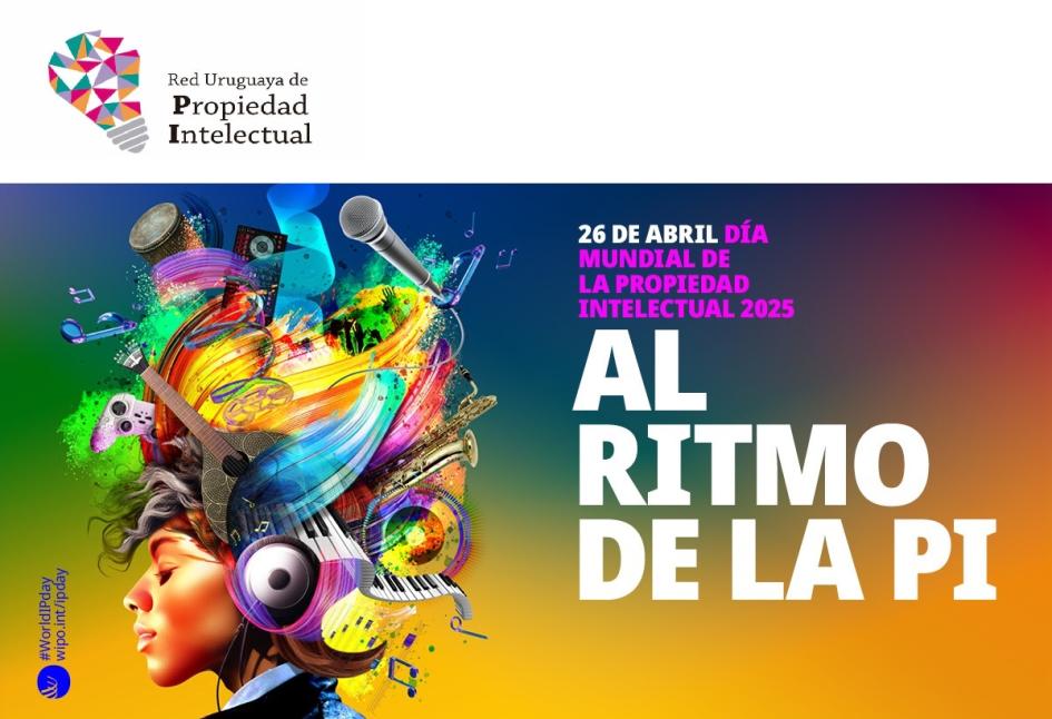 Afiche del Día Mundial de la Propiedad Intelectual 2025 Persona imaginando música a través de micrófonos, teclados, parlantes, etc.