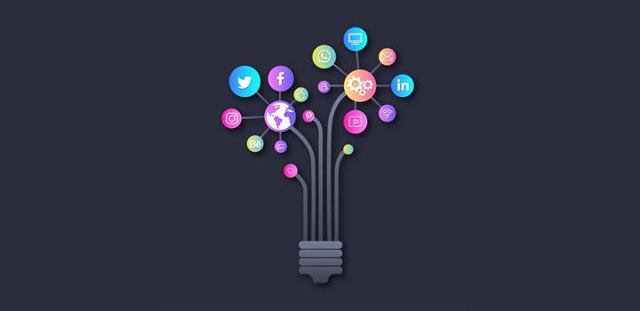 Afiche de taller de digitalización para emprendedores Representación abstracta de una bombilla de luz asociada a imágenes sobre innovación y creatividad