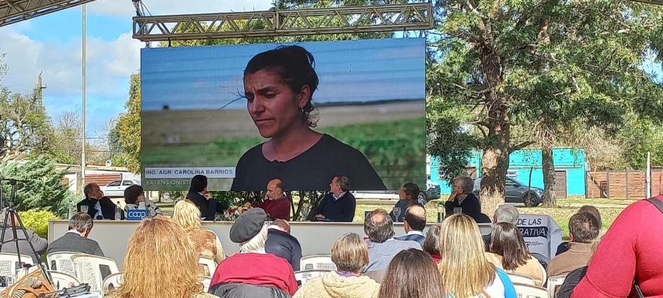 Asistentes ven un audiovisual en que aparece una mujer; están sentados al aire libre