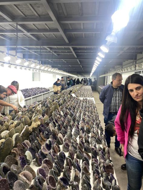 Personas recorren largas mesas con ágatas y amatistas, dentro de un salón