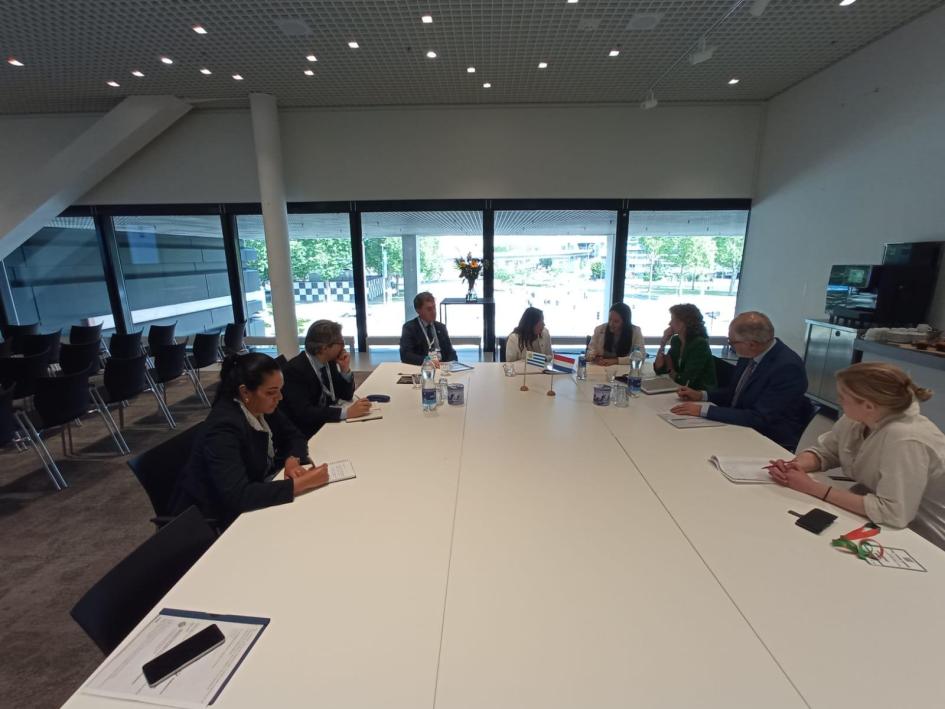 Reunión de alto nivel con autoridades neerlandesas Mesa en la que dialogan varias personas, entre ellas la ministra Cardona