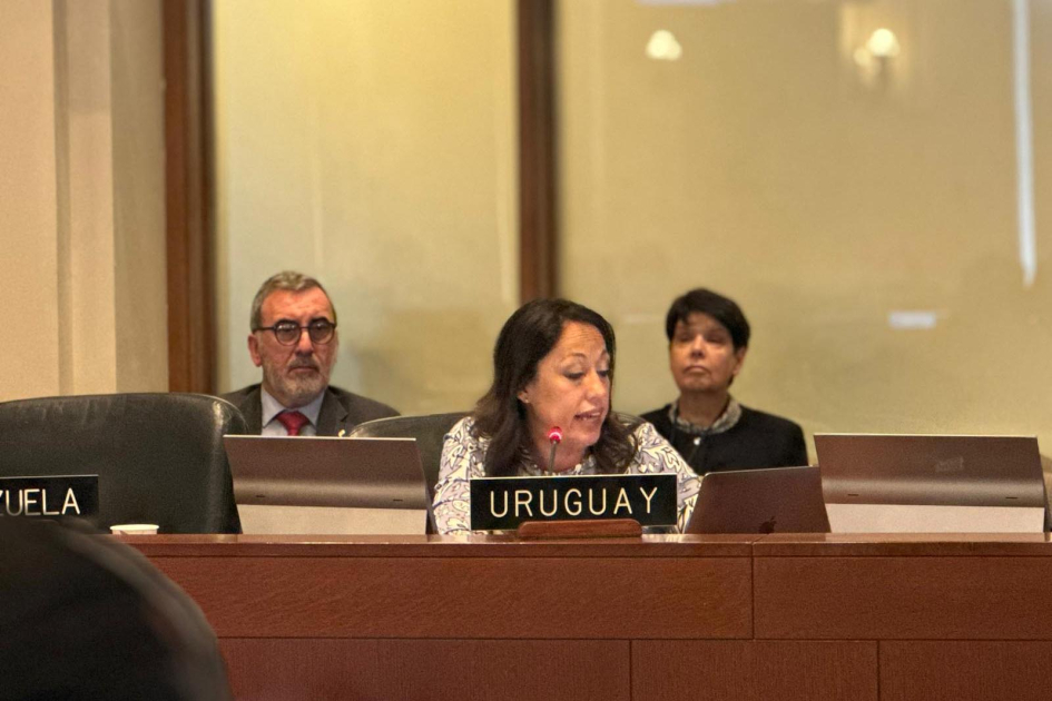 Intervención de la ministra Cardona en OEA Cardona, sentada en mesa con cartel de Uruguay