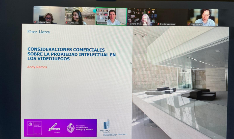 Consideraciones Comerciales sobre la PI en los Videojuegos imagen de reunion zoom con una presentacion