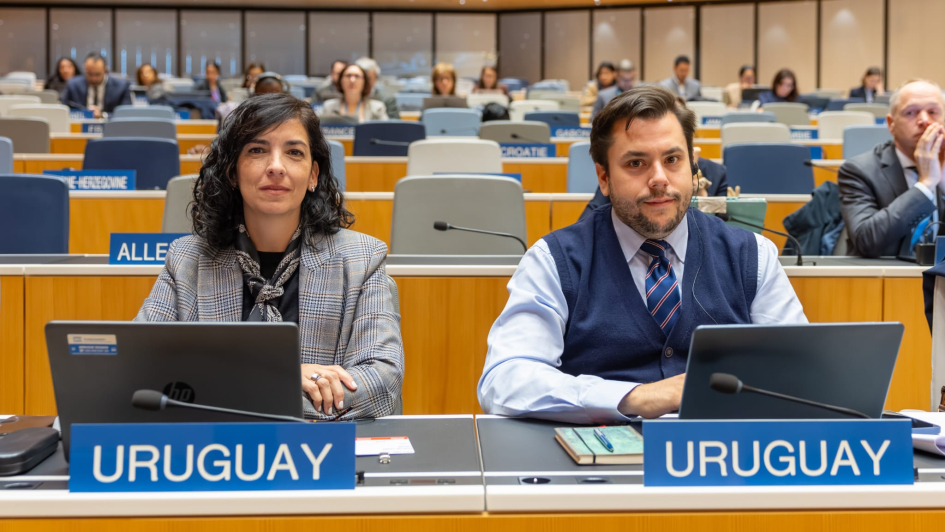 Gabriela Espárrago y Santiago Montalbán, representantes de Uruguay en el SCT Dos personas sentadas en un escritorio con una computadora cada una