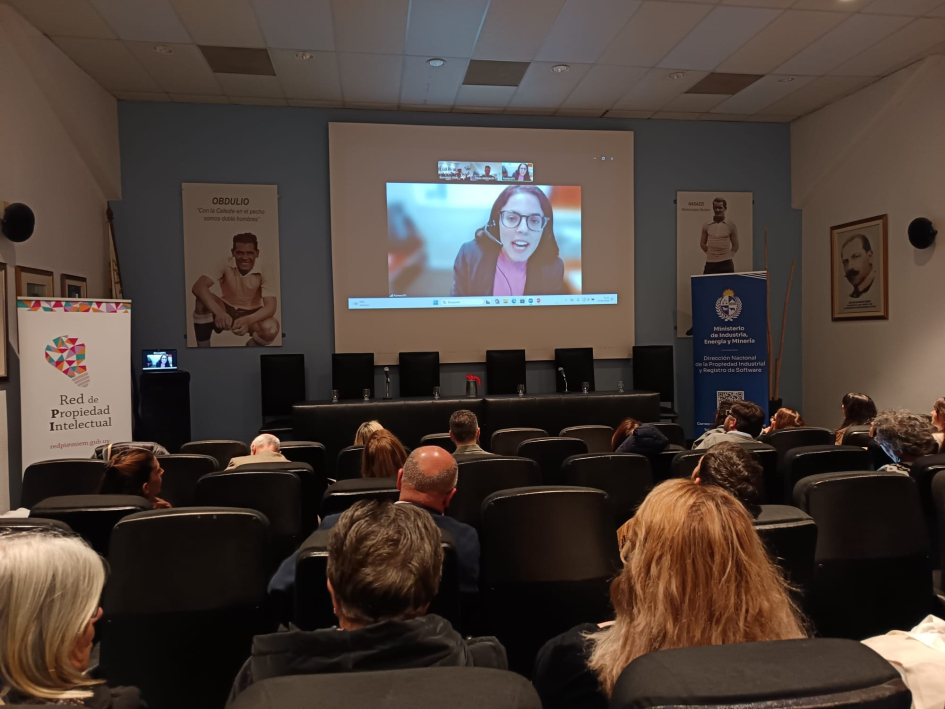 Público mira hacia una pantalla donde aparece una mujer hablando
