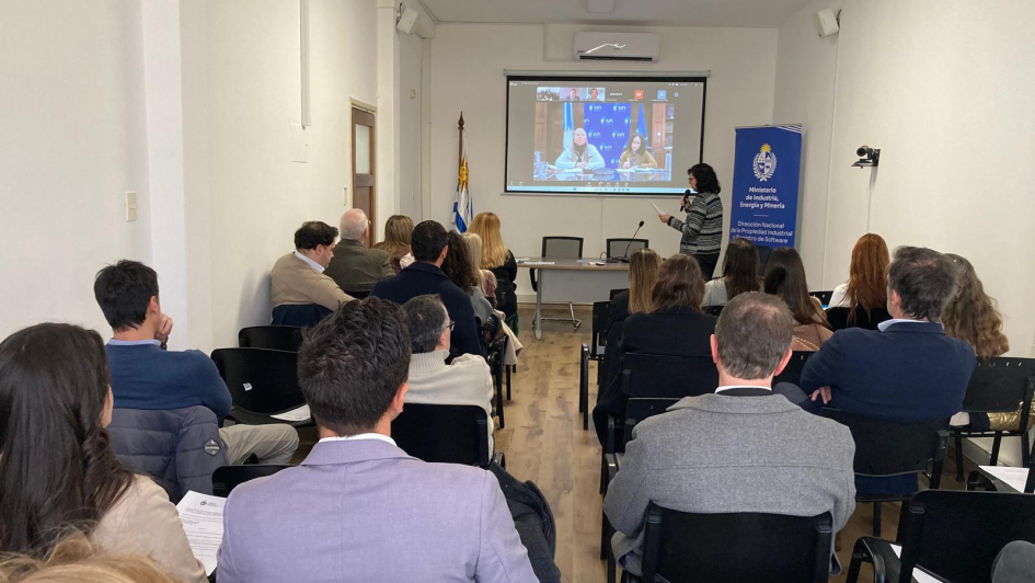 Segunda jornada sobre la actualización normativa de la Ley de Marcas. Foto: DNPI. Muchas personas sentadas miran hacia una pantalla