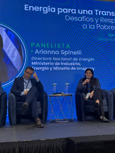 Directora Arianna Spinelli, en panel sobre pobreza energética de la Semana de la Energía Spinelli, sentada, junto a otro panelista; detrás, pantalla