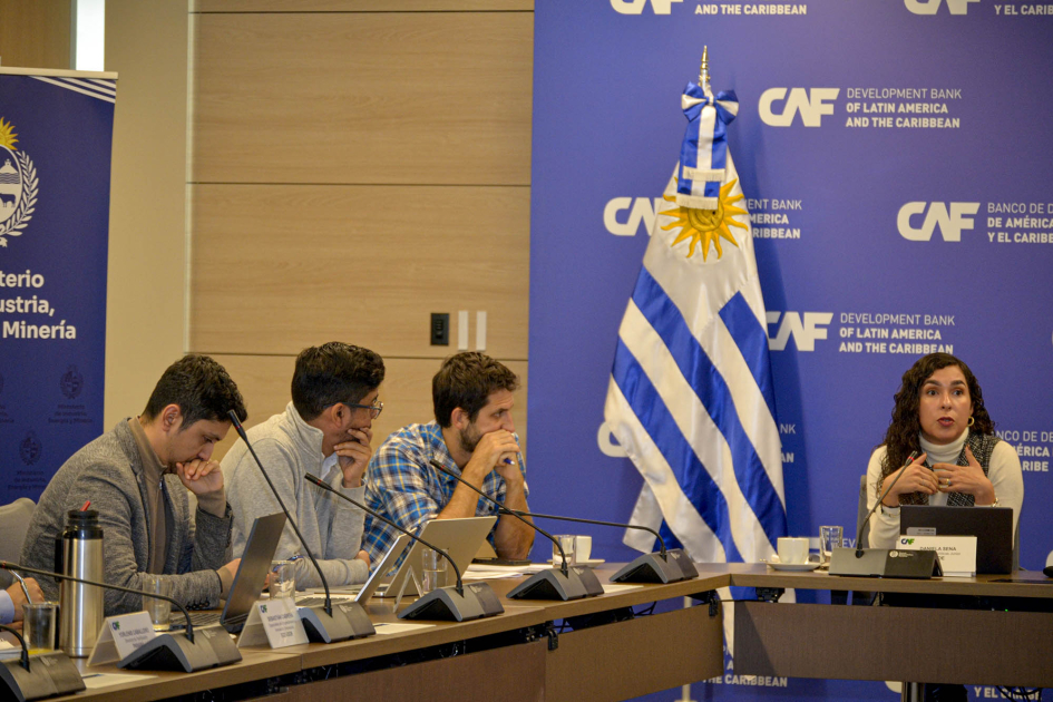 Segunda jornada de trabajo en el marco de la nueva red Personas sentadas en mesas; detrás, bandera uruguaya y banner de CAF