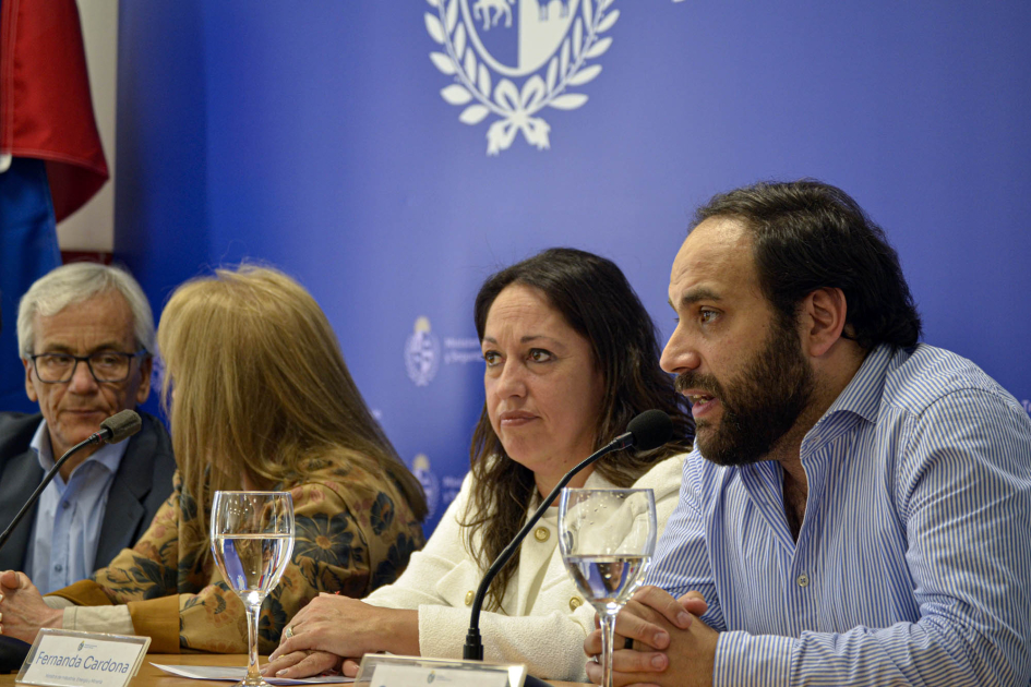 Civila habla junto a Cardona, Cosse y Castillo; detrás, banner del MIEM