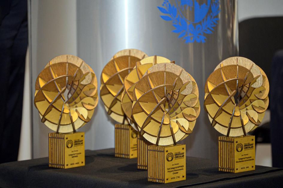 Premio Uruguay Circular 2024 Imágenes de los premios; su forma es circular y armónica, hechos de algo parecido al cartón