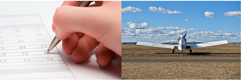 Mano completando formulario y al lado un avión fumigador