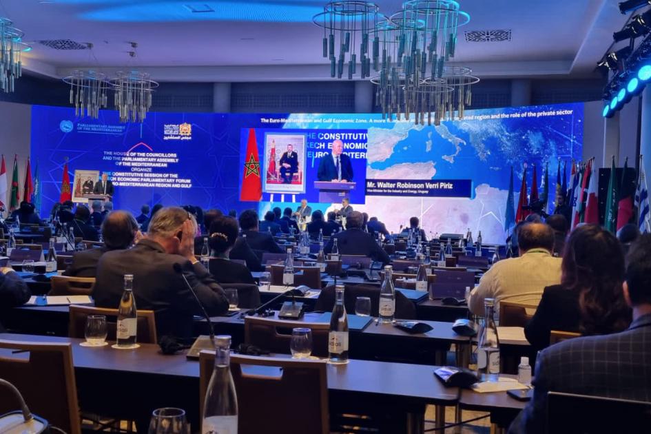 Asistentes escuchan a Verri en el Foro Económico Euromediterráneo y de la Región del Golfo Asistentes al foro, sentados en mesas horizontales; al fondo, Verri expone