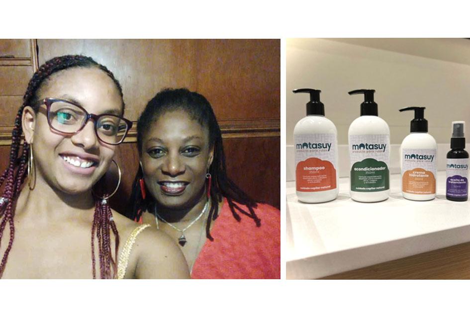 Doris Píriz y Tamara Maidana, de Motasuy A la izquierda, una mujer y una joven afrodescendientes sonríen; a la derecha, productos capilares