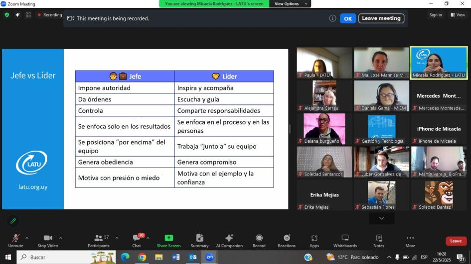 Taller virtual Sensibilización, Liderazgo y Comunicación Efectiva Imagen de una pantalla de videoconferencia con participantes y diapositiva