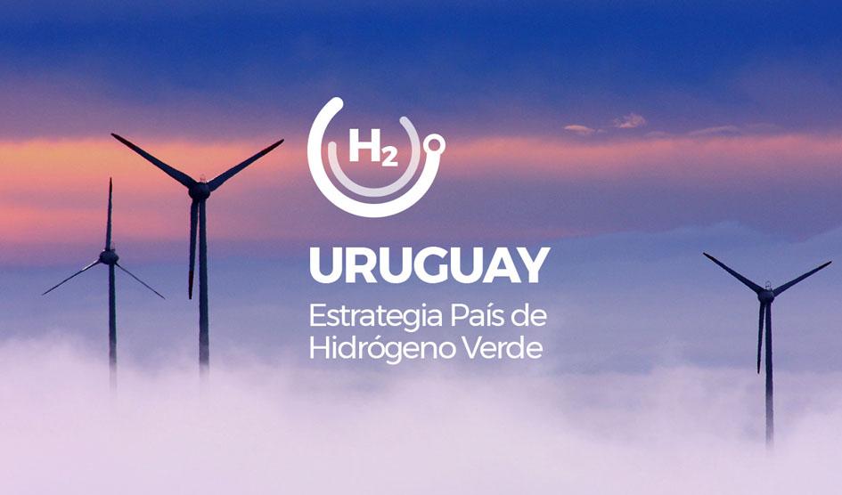 Estrategia país hidrógeno verde Uruguay Texto Uruguay estrategia país hidrógeno verde (de fondo: molinos de viento en un atardecer)