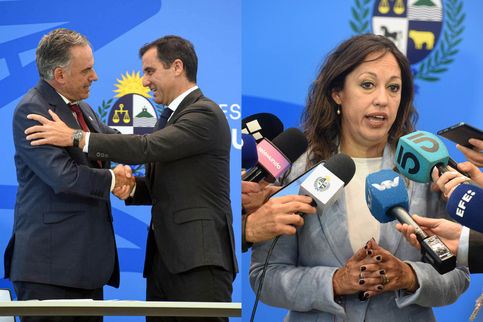 Anuncio en conferencia de prensa 2 fotos: Yamandú Orsi y Arturo Díaz Tejeira, y Fernanda Cardona en rueda de prensa