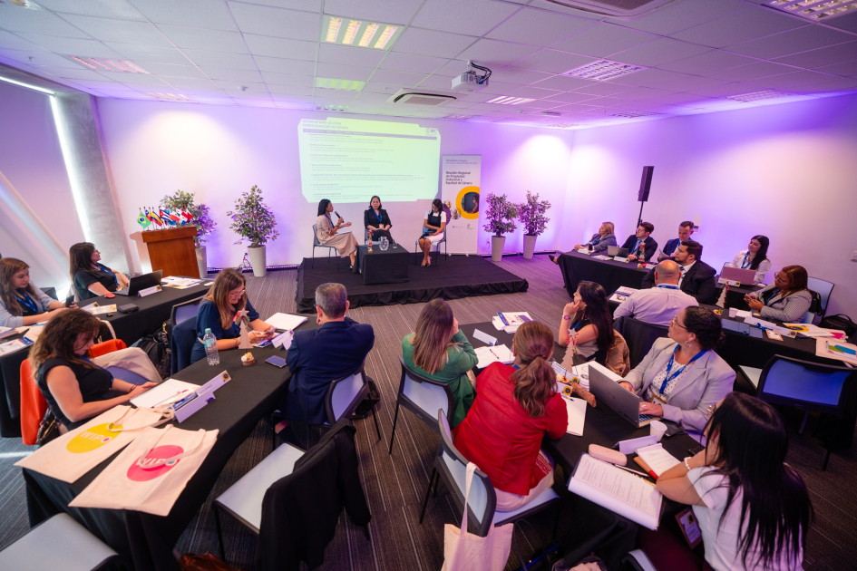 Reunión Regional sobre Propiedad Industrial y Equidad Género. Foto: Nicolás Núñez personas sentadas en mesas de trabajo