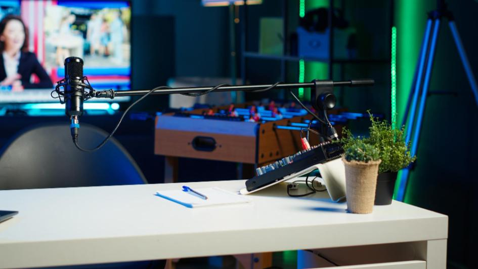 Escritorio con panel de controles y micrófono para radio