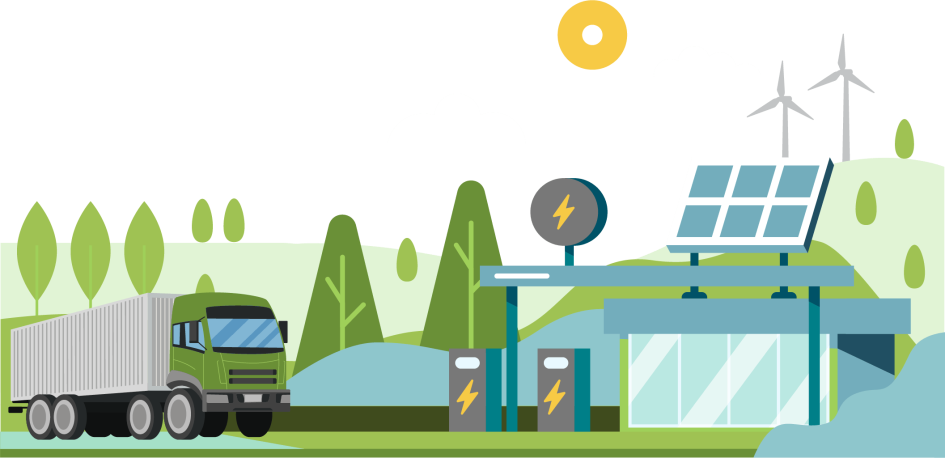 Ilustración de paisaje. Hay un camión, árboles, un panel solar fotovoltaico y aerogeneradores. 