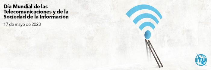 Banner día de las telecomunicaciones Imagen simbólica de red inalámbrica de internet con texto de la celebración