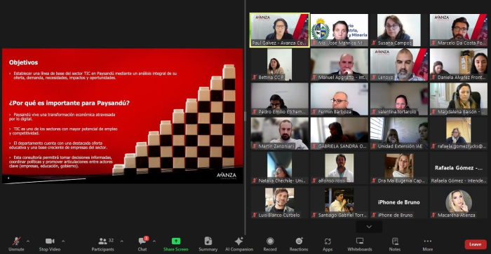Presentación del estudio para el sector de las TIC en Paysandú Captura de pantalla de la reunión digital con empresas e instituciones n que se lanzó el estudio