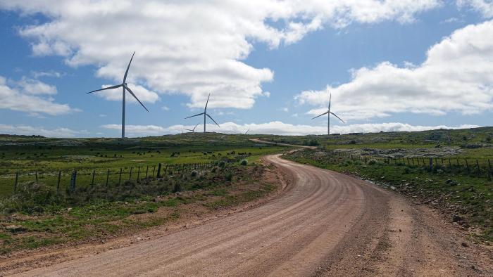 Camino vecinal; al fondo, aerogeneradores bajo un cielo con algunas nubes