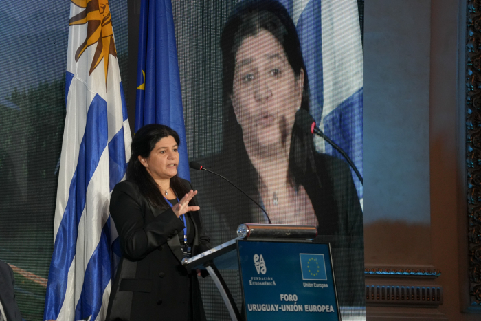 Directora nacional de Energía, Arianna Spinelli, expuso sobre transición energética Spinelli habla; detrás, pantalla con su imagen y bandera uruguaya