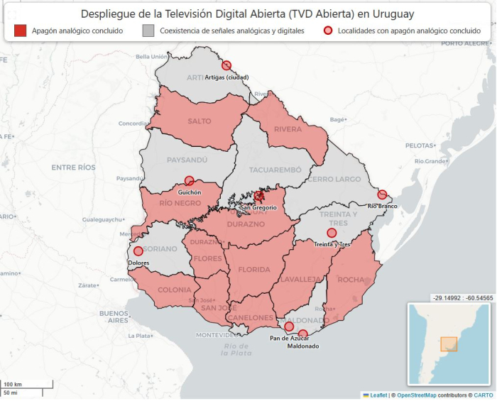 Despliegue de la televisión digital abierta en Uruguay Mapa de Uruguay, por departamentos, con el despligue de la TVD abierta