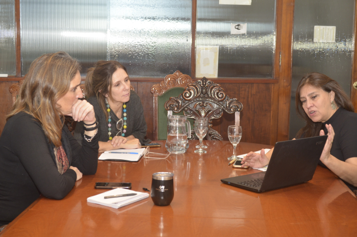 Villarroel, Schroeder y Paladino, reunidas en una mesa; Villarroel muestra su laptop y habla