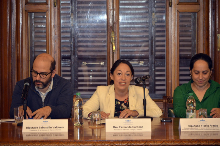 Ministra Cardona habla en mesa de autoridades, junto a diputado Valdomir y diputada Araújo