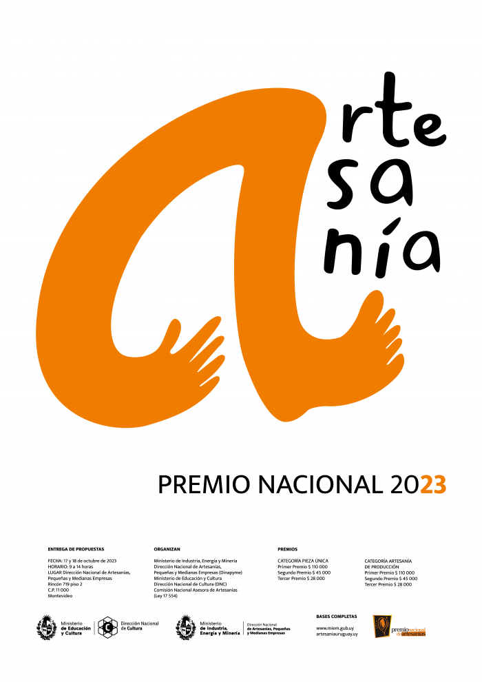 Afiche ganador del primer premio: "Patana" Afiche; incluye la palabra artesanía con una "a" destacada y naranja que forma una mano y una pierna