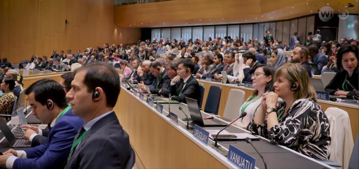 Directora Marianela Delor y encargada Fernanda Gianfagna participaron de las Asambleas OMPI Personas sentadas en forma de auditorio miran al presentador