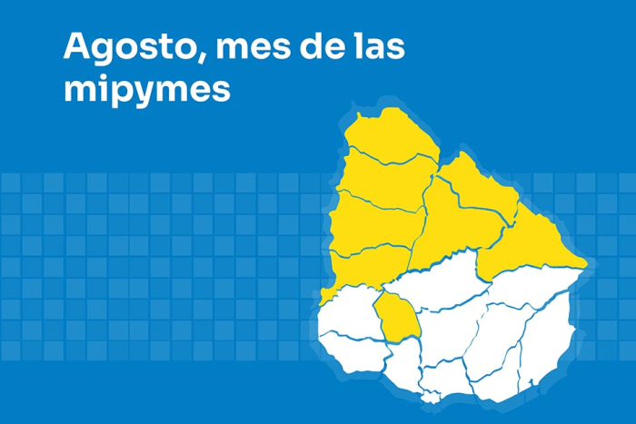 Dinapyme recorrerá varios departamentos en el Mes de las Mipymes Mapa de Uruguay, con departamentos destacados; título "Agosto, mes de las mipymes"