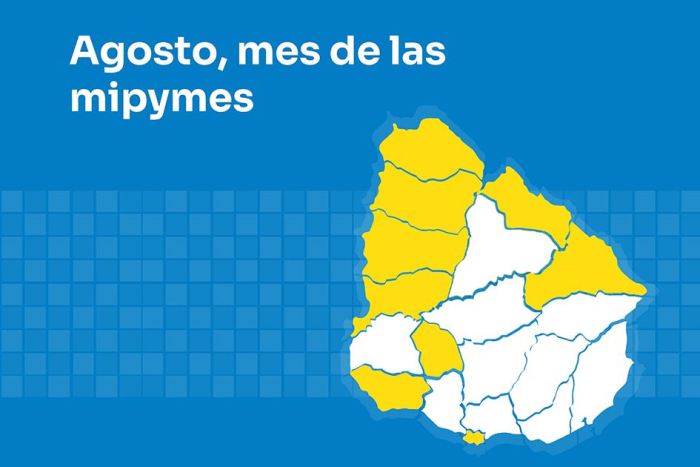 Dinapyme recorrerá departamentos del país en agosto, junto a instituciones aliadas Mapa de Uruguay con departamentos pintados de amarillo y título Agosto, mes de las mipymes