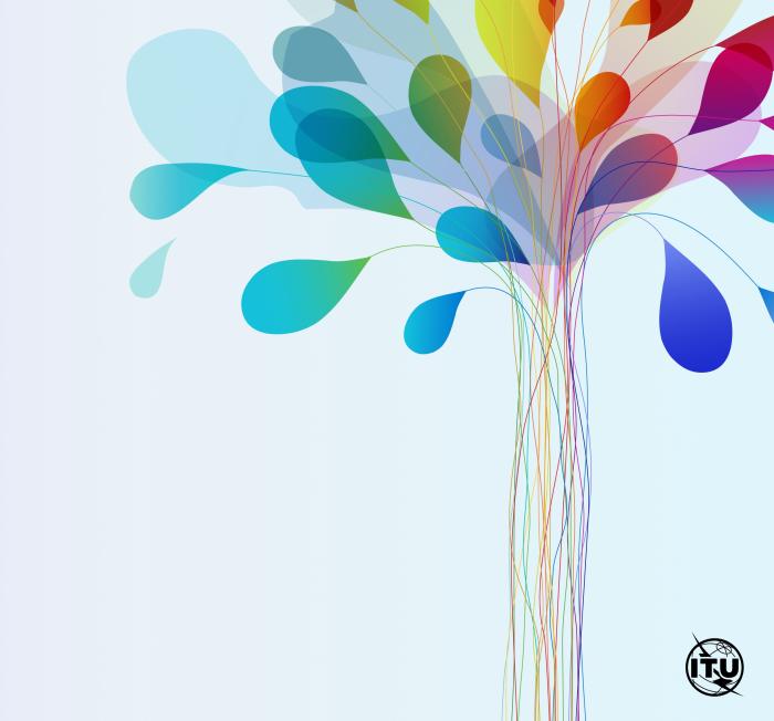 Logo Día de las Telecomunicaciones y la Sociedad de la Información de la UIT 2024 Dibujo de arbol simbólico con hojas de colores cuyas raíces son cables