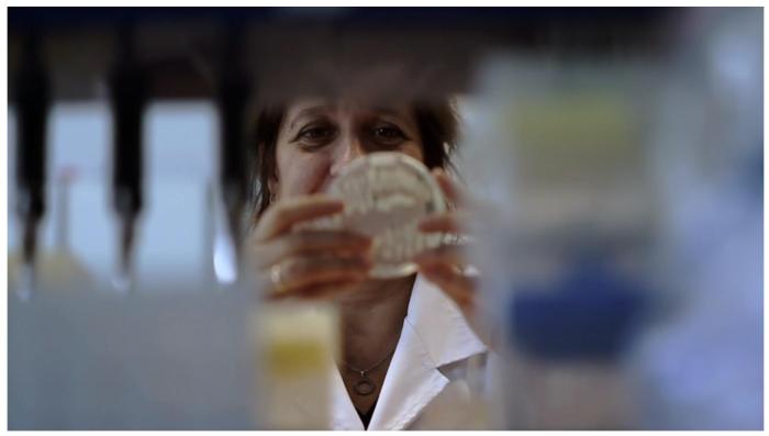 Imagen de mujer tomando y viendo una muestra de laboratorio