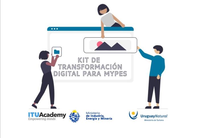 Logo del evento Logo de kit de transformación digital para pymes con tres personas cercanas al cuadro con ese titulo