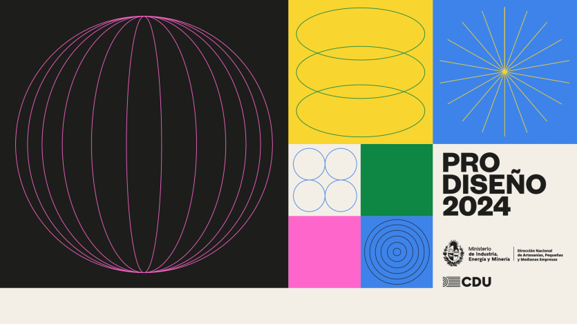 Afiche con diferentes formas en fondos de colores, el logo de Prodiseño y los logos de MIEM y CDU