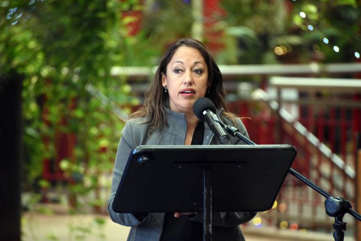 Ministra Fernanda Cardona habla desde un atril