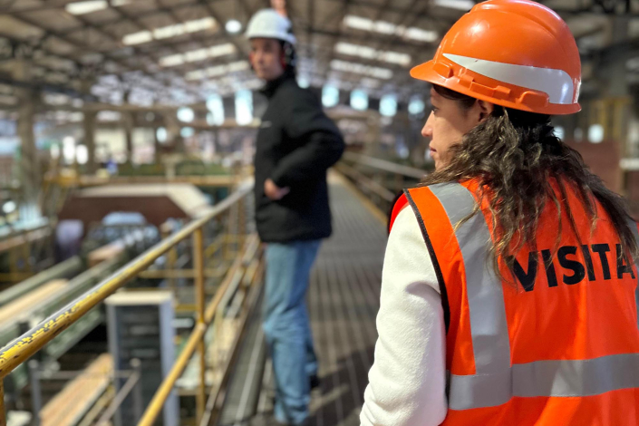 Ministra Cardona, con casco y chaleco, en una planta industrial; frente, otra persona