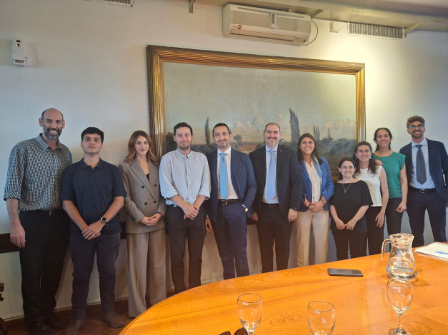 Delegación de la Universidad de Calabria y representantes del MIEM, de pie en una oficina